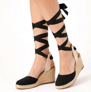 Kelly And Katie Black Espadrille Wedge Sandals with Wraparound Ankle Tie Bow